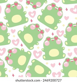 Nahtloses Muster von niedlichen Frosch in der Liebe Gefühl mit dem Herzen auf weißem Hintergrund.Reptile Tier Charakter Cartoon Design.Valentinstag.Bild für Karte,Poster,Babykleidung.Kawaii.Vektorgrafik.Illustration.