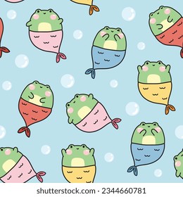 Seamless pattern of cute frog in mermaid costume in sea background.Funny reptile animal character cartoon design.Summer.Beach.Baby clothing.Kawaii.Vector.Illustration.