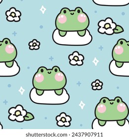 Seamless pattern of cute frog on cloud with flower sky background.Reptile animal character cartoon design.Floral.Baby clothing.Kawaii.Vector.Illustration.