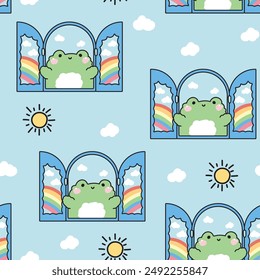 Patrón sin fisuras de la rana linda abre la ventana con la nube del sol y el fondo del cielo del arco iris. Buenos días. Diseño de dibujos animados de carácter animal reptil. Imagen para tarjeta, pegatina, producto del bebé. Kawaii. Vector.