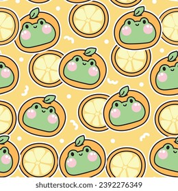 Seamless pattern of cute frog in orange hat background.Reptile animal character cartoon design.Fruit.Image for card,poster,baby clothing.Kawaii.Vector.llustration.