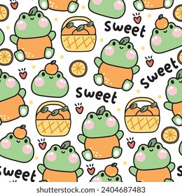 Seamless pattern of cute frog with orange and heart on white background.Reptile animal character cartoon design.Spring season.Fruit.Kawaii.Vector.illustration.