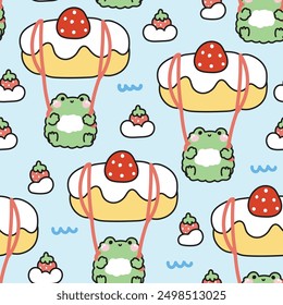 Seamless pattern of cute frog parachute strawberry bread shape on the sky cloud background.Bakery.Sweet.Reptile animal cartoon hand drawn.Kawaii.Vector.Illustration.