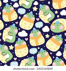 Seamless pattern of cute frog with pillow in sleep poses on night sky background.Cloud,star,heart hand drawn.Reptile animal character cartoon design.Kawaii.Vector.Illustration.