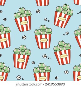 Seamless pattern of cute frog popcorn with flower on blue background.Reptile animal character cartoon design.Snack.Movie.Kawaii.Vector.Illustration.