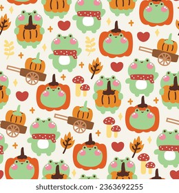 Seamless pattern of cute frog with pumpkin background.Autumn and fall.October.Reptile animal character cartoon design.Halloween Festival.Mushroom.Kawaii.Vector.Illustration.