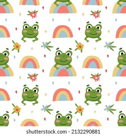 Seamless pattern with cute frog rainbows and flower. Vector graphic on a white background. Hand drawing for cover design  phone cases,  t-shirt pillow prints, wrapping paper.