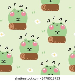 Seamless pattern of cute frog round shape stay on wood grass flower background.Reptile animal character cartoon.Image for card,t shirt print screen,baby clothing.Kawaii.Vector.Illustration