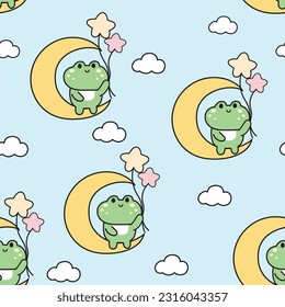 Seamless pattern of cute frog sit on moon with cloud on sky background.Reptile animal character cartoon design.Baby clothing.Kawaii.Vector.Illustration.