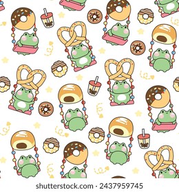 Nahtloses Muster von niedlichen Frosch sitzen auf Swing-Dessert und süße Form auf weißem Hintergrund.Donut, Brot, Süßigkeiten, Bubble Milch Tee Hand gezeichnet.Reptile Tier Charakter Cartoon Design.Kawaii.Vektor.Illustration