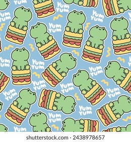 Seamless pattern of cute frog sit on hamburger with text background.Fastfood.Reptile animal character cartoon design.Kawaii.Vector.Illustration.