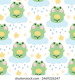 Nahtloses Muster von niedlichen Frosch sitzen auf Wolke regnerisch mit Stern auf weißem Hintergrund.Reptile Tier Charakter Cartoon Design.Bild für Karte, Poster, Babykleidung.Sky.Kawaii.Vektorgrafik.Illustration.