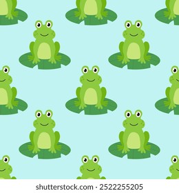 Seamless Pattern with Cute frog sit on water lily leaf. Children Hand drawn vector flat illustration.