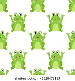 Seamless Pattern with Cute frog sit and show tongue. Vector flat illustration.