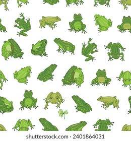 Seamless pattern of cute frog in sitting pose background.Animal character cartoon design. Vector illustration.