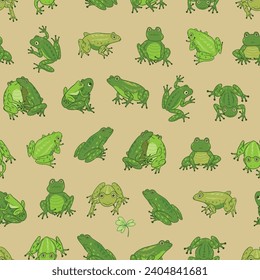 Seamless pattern of cute frog in sitting pose background.Animal character cartoon design. Vector illustration.
