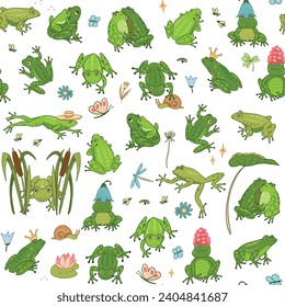 Seamless pattern of cute frog in sitting pose background.Animal character cartoon design. Vector illustration.