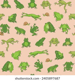 Seamless pattern of cute frog in sitting pose background.Animal character cartoon design. Vector illustration.