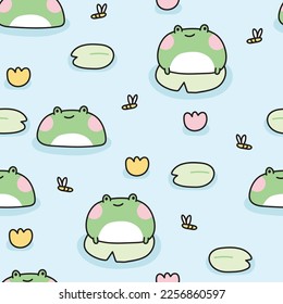 Seamless pattern cute frog stay leaf in the river background Dragonfly   flower Animal character design Amphibian cartoon hand drawn Baby clothing Kawaii Vector Illustration 