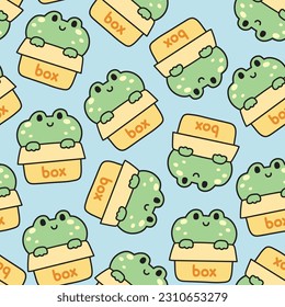Seamless pattern of cute frog stay in box on blue background.Reptile animal character design.Baby clothing.Kawaii.Vector.Illustration.