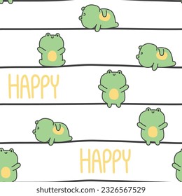Seamless pattern of cute frog stay in various poses on line background.Reptile animal character design.Baby clothing.Kawaii.Vector.Illustration.