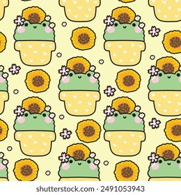 Seamless pattern of cute frog stay in plant pot with flower background.Spring.Floral.Reptile animal.Cartoon character design.Image for card,poster,sticker,baby clothing.Kawaii.Vector.Illustration.