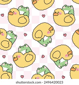 Seamless pattern of cute frog stay on big duck with heart background.Reptile animal character cartoon design.Image for card,poster,sticker,baby product.Kawaii.Vector.Illustration.