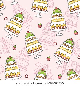 Seamless pattern of cute frog stay on big cake birthday background.Happy birthday.Celebration party.Strawberry.Reptile animal character cartoon design.Kawaii.Vector.Illustration.