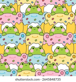 Padrão contínuo de sapo bonito ficar em doce baunilha morango sabor donut fundo.Sweet e sobremesa.Padaria.Réptil personagem animal desenho animado.Kawaii.Vetor.Ilustração.