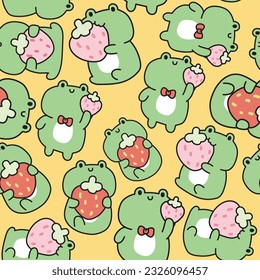 Seamless pattern of cute frog with strawberry on yellow background.Reptile animal character cartoon design.Baby clothing.Kawaii.Vetor.Illustration.