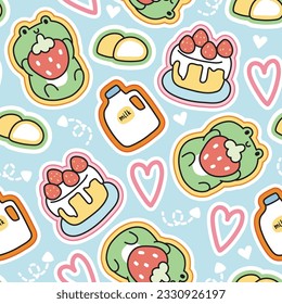 Seamless pattern of cute frog with strawberry with cake and milk background.Reptile animal character design.Baby clothing.Kawaii.Vector.llustration.