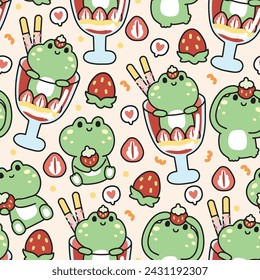 Seamless pattern of cute frog with strawberry ice cream background.Reptile animal character cartoon.Dessert hand drawn.Baby clothing.Kawaii.Vector.Illustration.