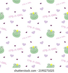 Seamless pattern with cute frog in tiara and hearts for the birth of a girl. Vector illustration in pastel colours. For use in textiles, prints, invitations, children parties, packaging and covers.