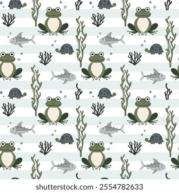 Seamless pattern with cute frog and turtle. Aquatic animals. Background with underwater characters.