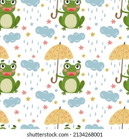 Seamless pattern with cute frog, umbrella, cloud and rain. Vector graphic on a white background. Hand drawing for cover design  phone cases,  t-shirt pillow prints, wrapping paper.
