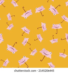 Seamless pattern cute frog umbrella. Background of funny accessory shape head toad in doodle style. Repeated design texture for printing, fabric, wrapping, wallpaper, tissue. Vector illustration.