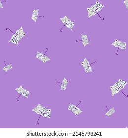 Seamless pattern cute frog umbrella. Background of funny accessory shape head toad in doodle style. Repeated design texture for printing, fabric, wrapping, wallpaper, tissue. Vector illustration.