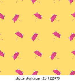 Seamless pattern cute frog umbrella. Background of funny accessory shape head toad in doodle style. Repeated design texture for printing, fabric, wrapping, wallpaper, tissue. Vector illustration.