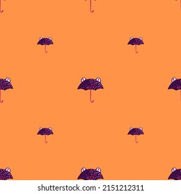 Seamless pattern cute frog umbrella. Background of funny accessory shape head toad in doodle style. Repeated design texture for printing, fabric, wrapping, wallpaper, tissue. Vector illustration.