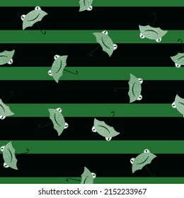 Seamless pattern cute frog umbrella. Background of funny accessory shape head toad in doodle style. Repeated design texture for printing, fabric, wrapping, wallpaper, tissue. Vector illustration.