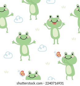 Seamless pattern of cute frog in various poses with cloud and grass on white background.Wild animal character cartoon design.Kawaii.Vector.Illustration.