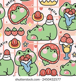 Seamless pattern of cute frog various poses in strawberry bakery concept background.Reptile animal character cartoon design.Bread,ice cream,dessert,sweet,fruit,heart,flower.Kawaii.Vector.Illustration.