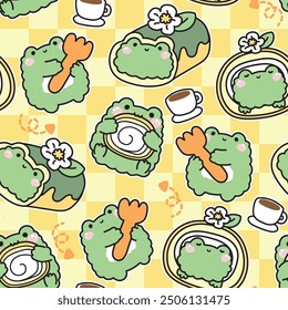 Nahtloses Muster von niedlichen Frosch verschiedene Posen in Rollkuchen Konzept Hintergrund.Kaffeetasse, Bäckerei, Kuchen, Dessert, süß, Blume handgezeichnet.Reptile Tierfigur Cartoon Design.Kawaii.Vector.Illustration.