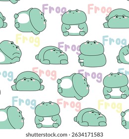 Seamless pattern of cute frog various poses with pastel text backgorund.Reptile animal character cartoon design.Kawaii.Vector.Illustration.