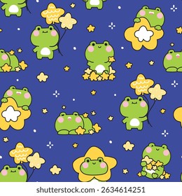 Seamless pattern of cute frog in various poses and feeling background.Star and night sky.Reptile animal character cartoon design.Kawaii.Vector.Illustration