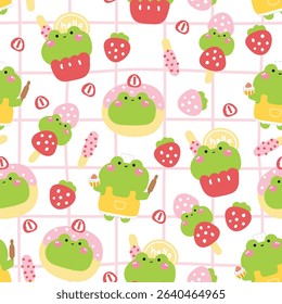 Seamless pattern of cute frog in various menu strawberry bakery background.Pastel.Tanghulu is chinese candied fruit,cupcake,donut.Reptile animal character cartoon design.Kawaii.Vector.Illustration