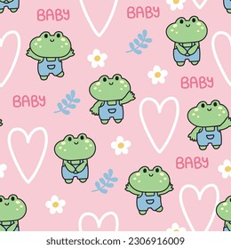 Seamless pattern of cute frog wear overalls with big heart and flower on pink background.Reptile animal.Baby clothing.Kawaii.Vector.Illustration.