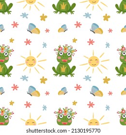 Seamless pattern with cute frog in a wreath, sun and butterfly. Vector graphic on a white background. Hand drawing for cover design  phone cases,  t-shirt pillow prints, wrapping paper.