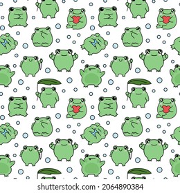 Patrón sin foco con ranas lindas. Impresión de dibujos animados para tejidos, textiles, diseño. Ilustración vectorial.