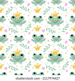 Seamless pattern with cute frogs crowns and leaves. Vector graphic on a white background. Hand drawing for cover design  phone cases t-shirt pillow prints childish clothes.